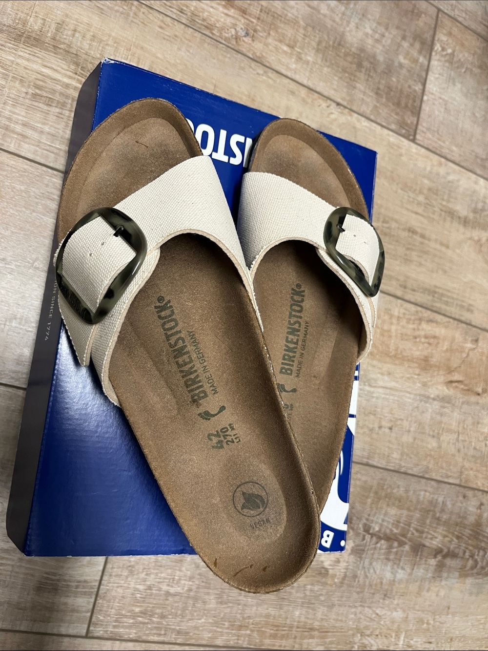 Birkenstock Women's Natural Canvas Madrid Sandals with Tortoiseshell Buckles